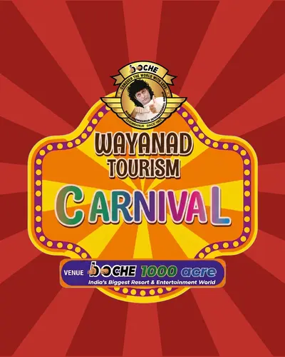 A colorful illustrated banner for the Wayanad Tourism Carnival at boCHE 1000 Acre, featuring an adventure park, live stage shows, traditional food stalls, and a scenic tent stay in Wayanad.