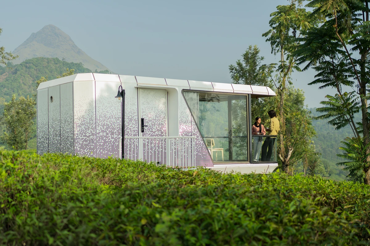 Glass-Front XPod Villa Futuristic xpod wayanad villa exterior with glass front at boCHE 1000 Acres resort in wayanad